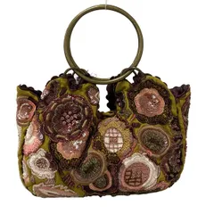 JAMIN PUECH(ジャマンピエッシェ) トートバッグ - カーキ×ピンク×マルチ 刺繍/ビーズ/ミニバッグ コットン