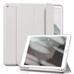 iPad 9.7 インチ 第5 第6世代 (2018/2017) Aoub ケース オートスリープ/ウェイク機能対応 Apple Pencilペン収納・ホルダー付 スマートカバー ソフト TPU 薄型 軽量 耐衝撃 三つ折りスタンド (グレー)