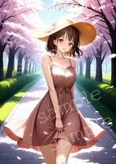 TA-0117_桜並木の麦わら帽子ワンピース AIアートフォト