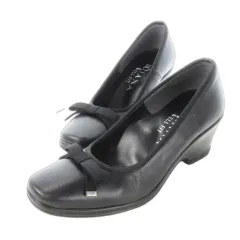 ダイアナ DIANA WELL FIT パンプス ウェッジソール スクエアトゥ レザー 革 バレエデザイン リボン 22.0cm 黒 ブラック /CK27 ■GY18