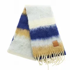 ロエベ LOEWE 美品 ストライプ モヘア ウール マフラー ストール フリンジ アナグラム レザーパッチ グレー ブルー ホワイト マルチカラー /MW ■GY19