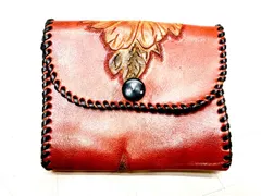 レザーカービング　財布　コインケース　レッド　コンパクト　レザークラフト　工芸品　花柄　フラワー　ヴィンテージ A8255A00