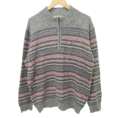 クロコダイル CROCODILE 総柄 ハーフジップ ウール混 ニット セーター ロゴ 薄手 LLサイズ グレー ■GY61