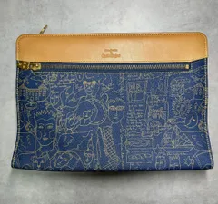 カステルバジャック クラッチバッグ セカンドバッグ 総柄 レザー調　紺 茶 A5サイズ対応 Jean-Charles de Castelbajac メンズ レディース 希少デザイン 手書き風イラスト ゴールド金具