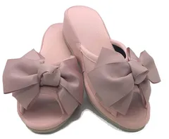 静音 おしゃれ 軽量 4cm 美脚 室内 STYLE レディース サテン ヒールスリッパ リボン