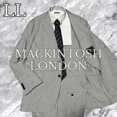 極美品 大きいサイズ MACKINTOSH LONDON マッキントッシュロンドン セットアップ スーツ 上下セット シアサッカー ストライプ コットン 綿 ポリウレタン ストレッチ 伸縮性 ブルー系 青色系 ホワイト 白色 サイズLL
