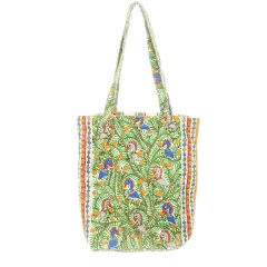 トリーバーチ TORY BURCH トートバッグ キャンバス 切り替え 鳥 バード 木の実 ストライプ 総柄 緑 グリーン オレンジ /AH5 ■GY11