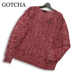 GOTCHA ガッチャ 秋冬 ロゴ刺★ コットン100％ アラン編み クルーネック ニット セーター Sz.XL メンズ サーフ 赤系のサムネイル