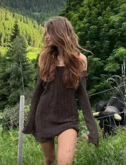 オフショルダーニットミニワンピース ブラウン