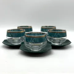 【未使用品】山本寛斎 kansai fine china ガラス冷茶 ５客セット 箱付き 茶托セット 昭和レトロ グリーン翠