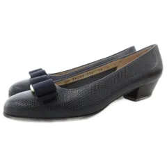 サルヴァトーレフェラガモ Salvatore Ferragamo ヴァラリボン パンプス ローヒール プレーントゥ リザード型押し ロゴ金具 レザー 革 5.5 黒 ブラック /GV ■GY18