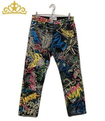 美品】ロエベ グラフィティデニムパンツ 総柄 ロゴ刻印ボタン レザー
