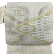 【美品】 名古屋帯 秀品 夏帯 菱 幾何学模様 刺繍 クリーム 正絹 【中古】