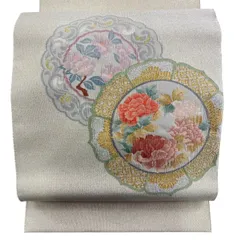 名古屋帯 秀品 八寸名古屋帯 松葉仕立て 椿 牡丹 銀糸 クリーム 正絹 【中古】