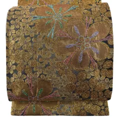袋帯 秀品 振袖向き 梅 箔 金糸 灰色 六通 正絹 【中古】