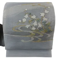 【美品】 名古屋帯 秀品 夏帯 絽 トンネル仕立て 枝花 流水 金銀糸 青灰色 正絹 【中古】