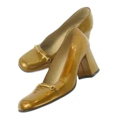 グッチ GUCCI パンプス レザー 本革 34.5 21.5cm ゴールドカラー 金色 エナメル ホースビット スクエアトゥ チャンキーヒール 2296 /CK38 ■GY11