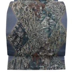 【美品】 袋帯 秀品 菱 幾何学模様 金銀糸 箔 青灰色 六通 正絹 【中古】