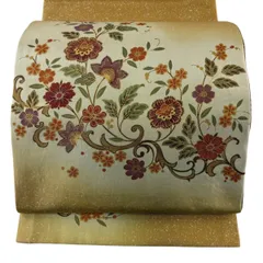 【美品】 袋帯 秀品 紬地 草花 金彩 山吹茶色 お太鼓柄 正絹 【中古】