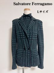【美品/希少】Ferragamo 孔雀総柄 異素材コンビクルーネックカーディガン 美品】Ferragamo 異素材コンビクルーネックカーディガン 孔雀総柄 金釦