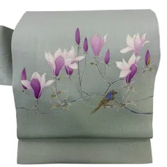 名古屋帯 秀品 枝花 鳥 金銀彩 ぼかし 灰緑 正絹 【中古】