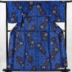 【美品】 浴衣 身丈159cm 裄丈65cm M 絞り浴衣 草花 幾何学 青 綿 名品 【中古】