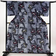 浴衣 身丈159cm 裄丈63.5cm S 絞り浴衣 花 紺色 綿 名品 【中古】