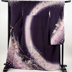 振袖 身丈168.5cm 裄丈68.5cm L 袷 桜 鈴 銀通し 金彩 紫 正絹 名品 【中古】