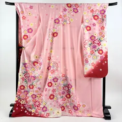 振袖 身丈173cm 裄丈69.5cm L 袷 牡丹 桜 銀通し 金彩 ピンク 正絹 名品 【中古】