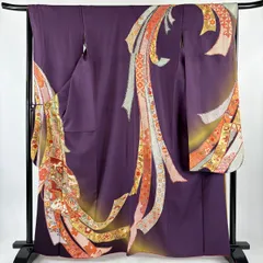 振袖 身丈164cm 裄丈66.5cm M 袷 扇 熨斗 金糸 金彩 紫 正絹 秀品 【中古】