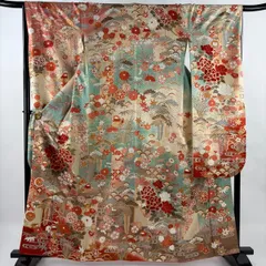 振袖 身丈161.5cm 裄丈67cm M 袷 草花 鴛鴦 金糸 金彩 ピンクベージュ 正絹 秀品 【中古】