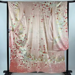 【美品】 振袖 身丈158.5cm 裄丈64.5cm M 袷 鈴乃屋 鳥 桜 金糸 金銀彩 薄ピンク 正絹 秀品 【中古】