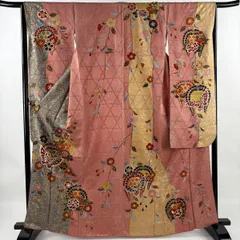 振袖 身丈164.5cm 裄丈65cm M 袷 蝶 桜 金彩 染め分け 朱色 正絹 秀品 【中古】