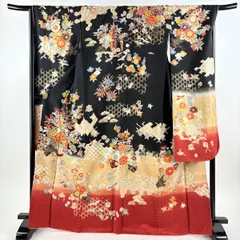振袖 身丈167cm 裄丈67cm M 袷 花熨斗 有職文様 金糸 金彩 黒 正絹 秀品 【中古】
