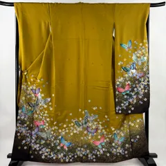振袖 身丈163cm 裄丈67cm M 袷 蝶 桜 金銀彩 染め分け 黄土色 正絹 秀品 【中古】