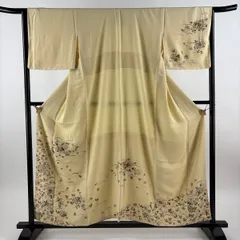 【美品】 訪問着 身丈156.5cm 裄丈64cm M 袷 椿 露芝 刺繍 金糸 ベージュ 正絹 秀品 【中古】