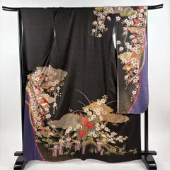 振袖 身丈165cm 裄丈67.5cm L 袷 扇 桜 金彩 焦茶色 正絹 秀品 【中古】