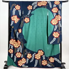 振袖 身丈170cm 裄丈68cm L 袷 草花 金糸 絞り 紺色 正絹 秀品 【中古】
