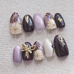 No.2265 現品販売！ネイルチップ　成人式卒業式和柄振袖袴着物