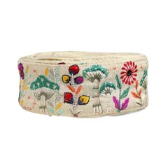 インド刺繍リボン50cm切り売り キノコの森B アイボリー 5cm幅 花 マッシュルーム ベニテングタケ R-0846