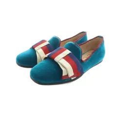 グッチ GUCCI パンプス スリッポン フラットシューズ ベロア スクエアトゥ シェリーライン リボン 34 21.5cm 青 ブルー 496594 ■GY17 /MQ ■OH