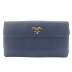 プラダ PRADA 長財布 三つ折り 牛革 サフィアーノレザー Wホック ロゴ ゴールド金具 紺 ネイビー /XZ ■OH ■GY11