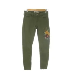 ザラ ベーシック ZARA BASIC Z1975 DENIM スキニーパンツ 34 緑 カーキ 刺繍 ダメージ加工 花モチーフ /CK47 ■GY58