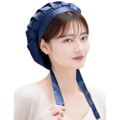 [COCOSILK] ナイトキャップ シルク リボン 紐 シルクキャップ ショートヘア シルクナイトキャップ 就寝用 シルク100% ヘアキャップ （M・ネイビー）