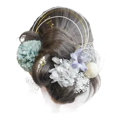 [Lomeri ロメリ] ゴールド　マムの髪飾り　ドライフラワー　和玉　水引　成人式　結婚式　前撮り　A327 (ブルー) 0