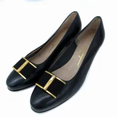サルヴァトーレフェラガモ Salvatore Ferragamo パンプス ローヒール スタックヒール ラウンドトゥ リボン レザー 6 23.3cm 黒 ブラック /SM5 ■GY53