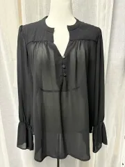 ブラック シースルー ブラウス フリル シャーリング 長袖