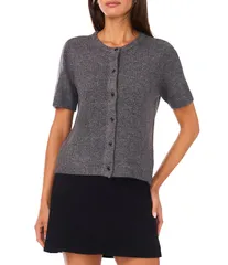 ヴィンスカムート レディース アウター ニット・セーター カーディガン Vince Camuto Round Neck Short Sleeve Button Front Cardigan Medium Heather Grey グレー