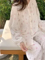 夜用コットン授乳服 犬 花柄 レディース パジャマ セット