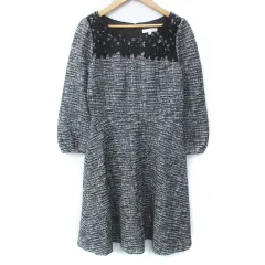 プロポーション ボディドレッシング PROPORTION BODY DRESSING ツイードワンピース フレアワンピース ひざ丈 長袖 ラウンドネック 切替 レース 花柄刺繍 2 M 白 黒 ブラック ホワイト /FF11